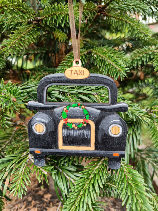 Hand Painted Traditional British Black Cab Taxi with Wreath - Christmas Tree Ornament