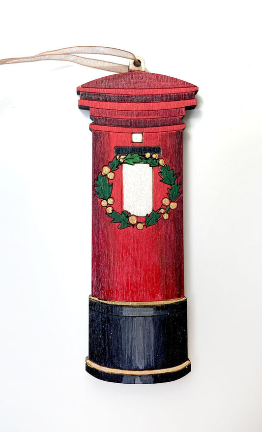 Hand Painted Traditional British Post Box with Wreath - Christmas Tree Ornament xx