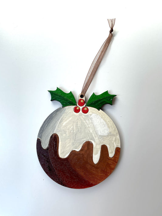 Hand Painted Wood Traditional Christmas Pudding -  Christmas Tree Ornament