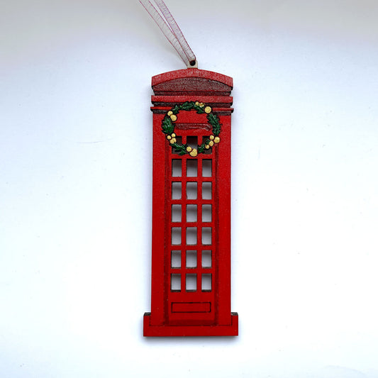 Hand Painted Traditional British Telephone Box with Wreath - Christmas Tree Ornament