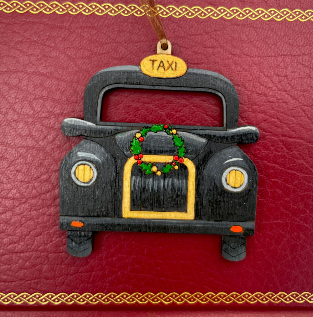 Hand Painted Traditional British Black Cab Taxi with Wreath - Christmas Tree Ornament