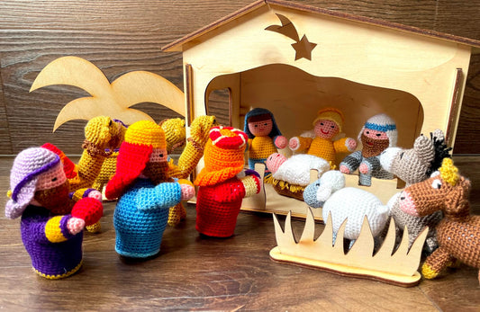 Crochet Christmas Nativity Scene Set with Wood Manger