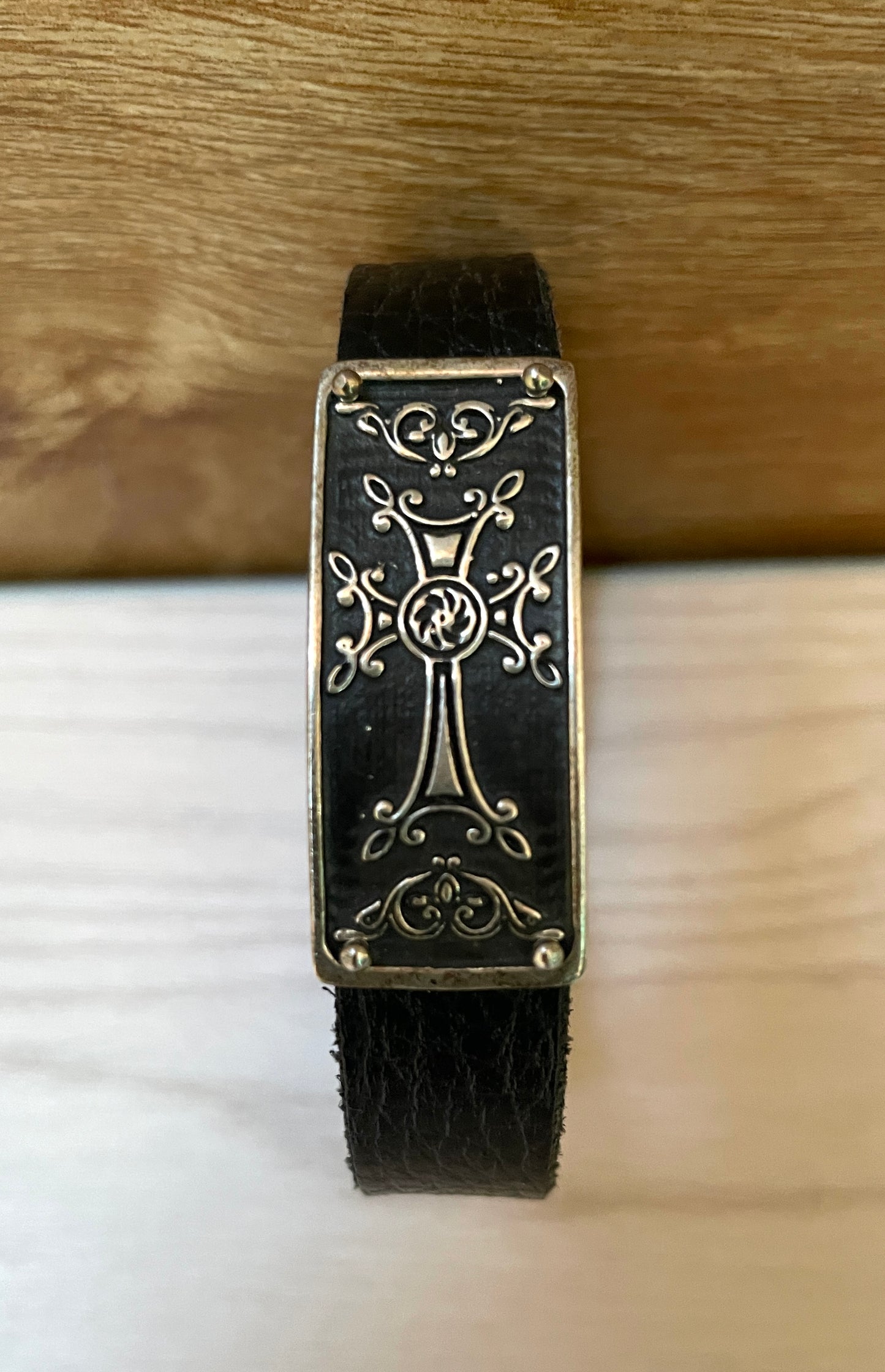 Armenian Cross Khachkar Bracelet 925 Sterling Silver & Leather