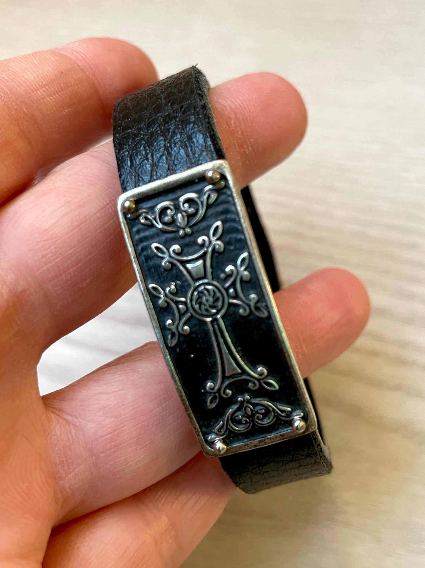 Armenian Cross Khachkar Bracelet 925 Sterling Silver & Leather