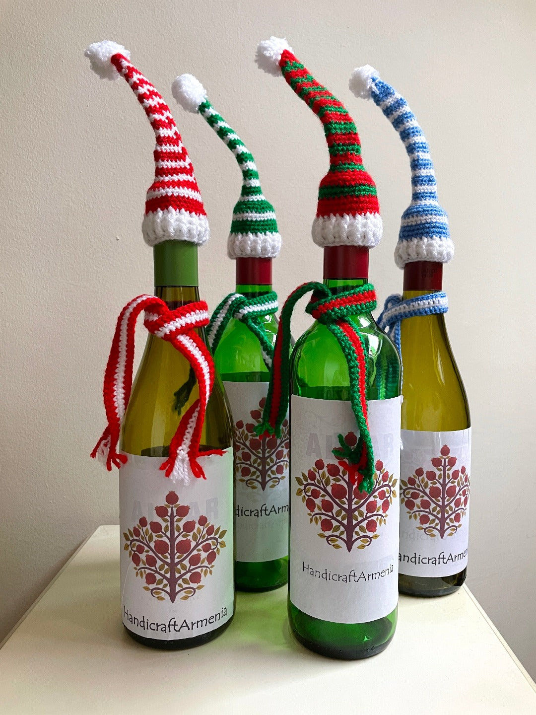 Crochet Holiday Hat and Scarf Wine Bottle Decor