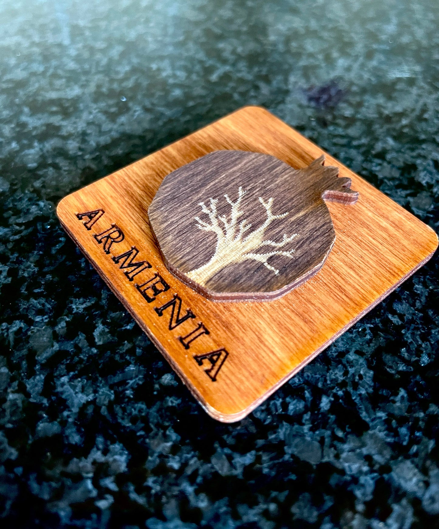 Magnet Armenian Pomegranate and Tree Motif Wood Square 5cm x 5cm