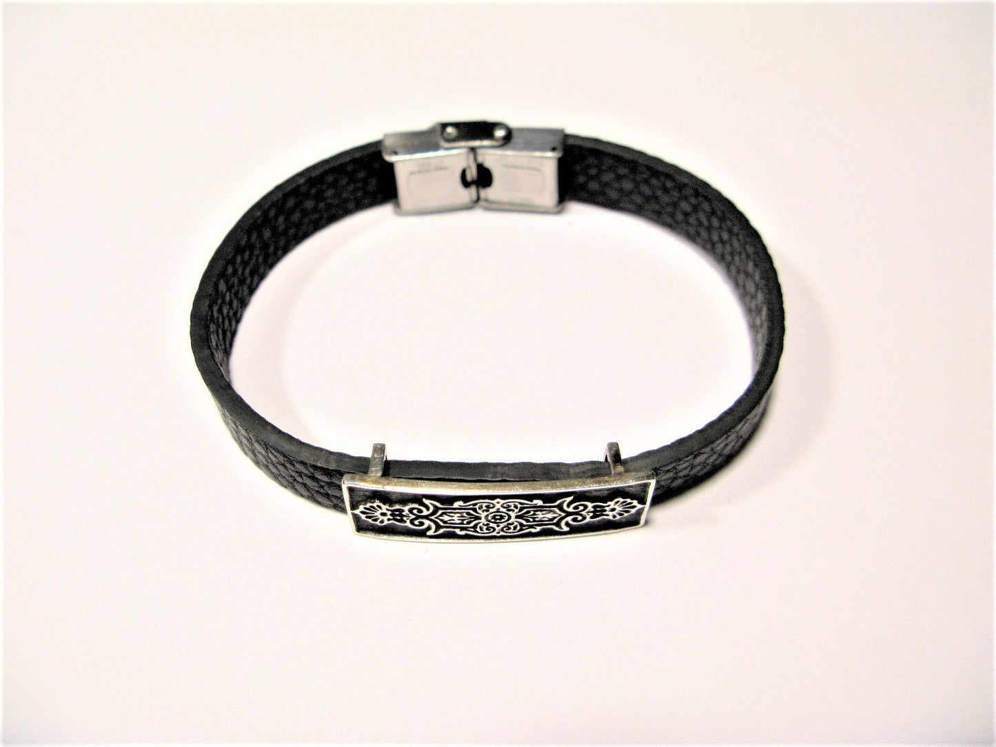 Art Deco 925 Sterling Silver & Leather Bracelet