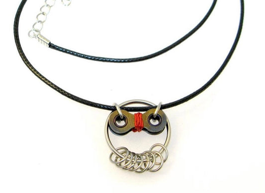Owl, Upcycled Bicycle Chain and Paracord Pendant and Necklace