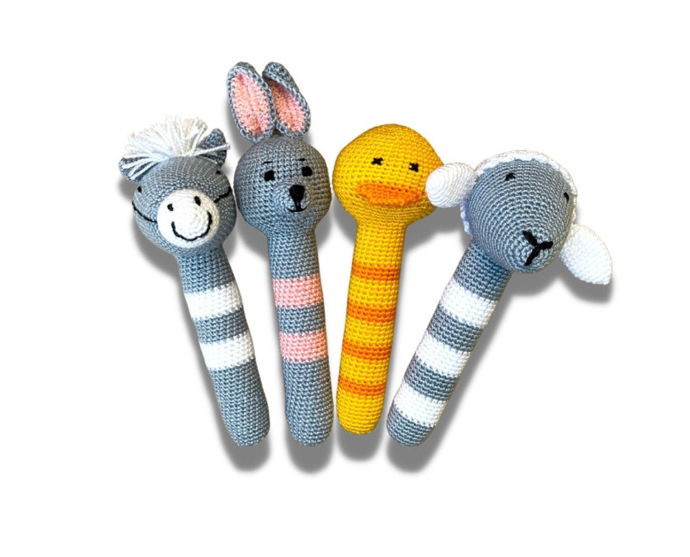 Crocheted Horse, Bunny Rabbit, Duck or Little Lamb Baby Stick Rattle
